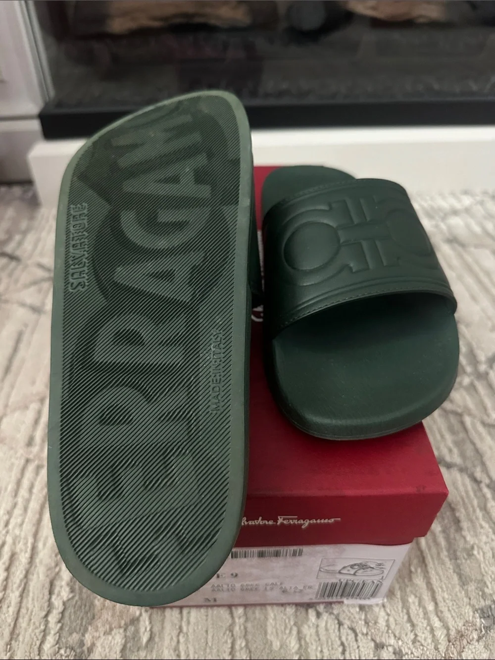 Salvatore Ferragamo Dark Green Logo Slide Sandals